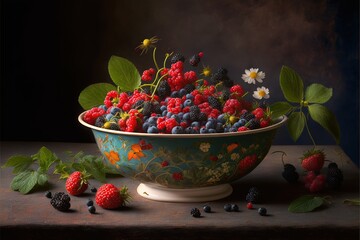 Wall Mural -  a bowl of berries and raspberries on a table with flowers and leaves on it, with a dark background, with a few other berries scattered around the bowl, and a few leaves.