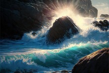  A Painting Of A Rocky Coast With Waves Crashing Against The Rocks And A Bright Sun Shining Through The Sky Above It, With A Blue Ocean Wave Coming From The Rocks, And A Rock.
