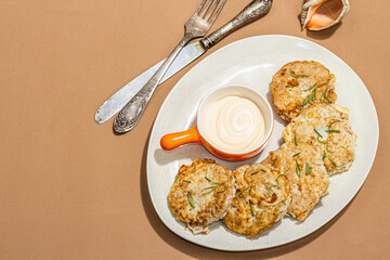 Wall Mural - Hake fillet fried in batter. Sauce, fresh rosemary. Vegetarian healthy food concept