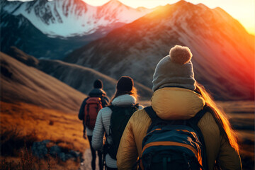 Group tourists of hiker sporty people walks in mountains at sunset with backpacks. Concept adventure with copy space. Generation AI