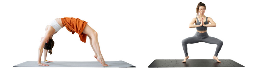 Wall Mural - Yoga exercises are performed by a female trainer on a mat on a transparent background.