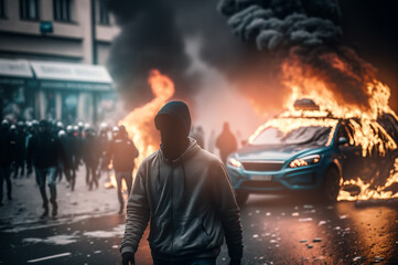 Aggressive man without face in hood against backdrop of protests and burning cars. Concept riot of people vs government. Generation AI