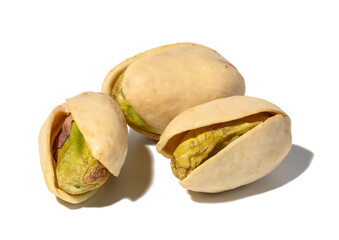 Wall Mural - Salted open inshell pistachios isolated on a white background, tasty and healthy snack, close up