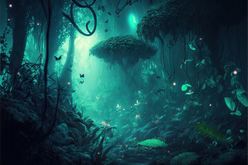 Wall Mural - Beautiful enchanted fairytale forest at twilight with big trees and bioluminescence lights