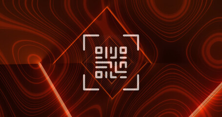 Image of qr code on orange shapes over dark background