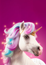 Adorable Unicorn Pony With Pink And Rainbow Mane. Generative Ai