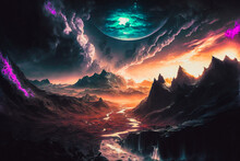 Dramatic Fantasy Landscape With Distant Mountains Under A Colorful Cloudy Sky With A Large Planet - Generative Ai