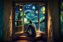 Homme Contemplant La Nuit étoilée De Vincent Van Gogh - Image Générée Par AI
