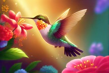 A Vibrant Hummingbird Drinking Dew And Nectar From Inside An Exotic Flower. Bright And Colorful, Vivid Macros Image Created With Generative AI