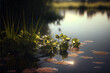 Water lilies on a still, reflective lake, showcasing the beauty and serenity of nature. AI Assisted Image