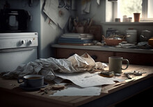 Messy Kitchen With Table, Two Mug With Coffee, Appliances, Paper, Wrinkled Cloth, Piece Of Sliced Bred, Window, Furniture, Window, Illustration Created With Generative AI Technology
