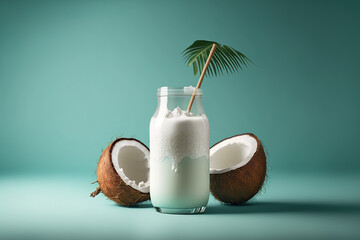 Wall Mural - Fresh coconut milk in a glass container, a dairy free, plant based beverage. Generative AI