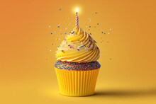 On A Yellow Background, A Vibrant Birthday Cupcake With One Candle And Confetti Is Displayed. Generative AI