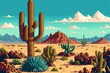 © Deivison - Desert landscape with cacti and mountains in the background, 16 bit pixel art style. AI digital illustration