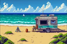 Landscape With Trailer Home On The Beach, 16 Bit Pixel Art Style. AI Digital Illustration
