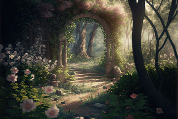 A beautiful secret fairytale garden with flower arches and beautiful tropical forest with colorful vegetation