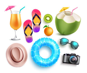 Wall Mural - summer element vector set. summer 3d object like floater, camera and coconut juice isolated in white