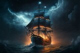 Landscape with pirate ship in the sea, lightning in the sky full of clouds, horizon in the background. AI digital illustration