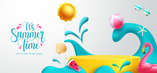 Wall Mural - summer time vector design. it's summer time text with podium and tropical elements like sun and beac