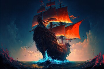 Wall Mural - Landscape with pirate ship at sea, horizon in background. AI digital illustration