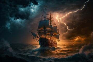 Landscape with pirate ship in the sea, lightning in the sky full of clouds, horizon in the background. AI digital illustration