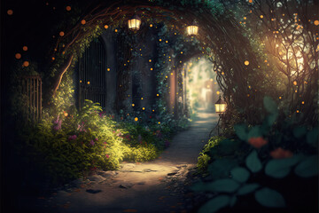 A beautiful secret fairytale garden with flower arches and beautiful tropical forest with colorful vegetation