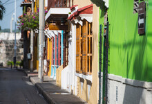 Street With Townhouses In Old Town Of Cartagena, Bolivar, Colombia