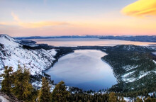 Fallen Leaf Lake And Lake Tahoe At Sunset In The Winter, California.