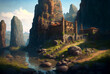 Fantasy stronghold or town by the river scene AI generative