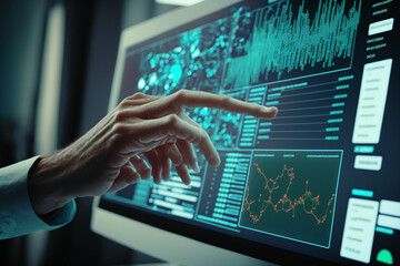 Hand pointing at computer with Business Analytics and Data Management System  to make report with KPI and metrics connected to database. Corporate strategy for finance, operations, sales, marketing