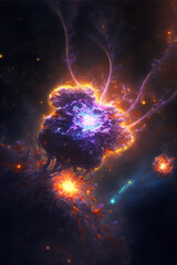 Wall Mural - Futuristic supernova explosion in the outer space, in a Cosmos Nebula. Illustration of fiction space art. Generative AI art, interstellar bang, colorful galactic sparkle night. Space travel concept