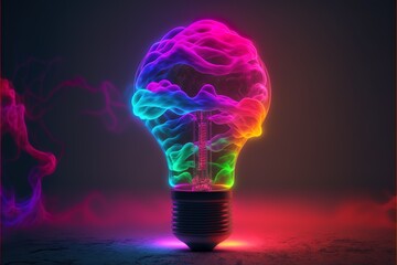 Innovative Light bulb for technology inspiration, future, solutions, neon colors, dark background created with generative ai technology