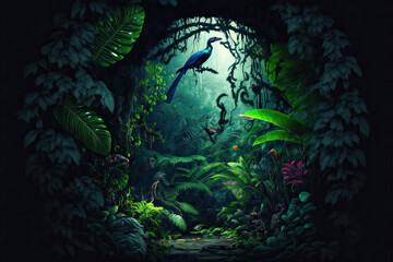 A beautiful fairytale enchanted forest with big trees and great vegetation. Digital painting background