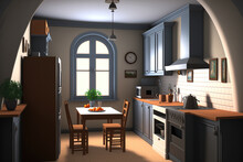 Interior Of A Home Kitchen, Living Room. Generative AI