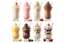 Set Of Many Delectable Milkshakes Against A White Background. Generative AI