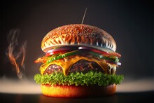 Close-up Of A Juicy Burger With Fries, Delicious, Highly Detailed, Hyper Realistic, HDR, Studio Light By AI Generate 