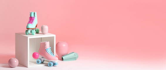 Wall Mural - composition with vintage roller skates and storage cube on color background, space for text. banner 