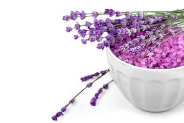 Wall Mural - Lavender flowers and salt isolated on white background