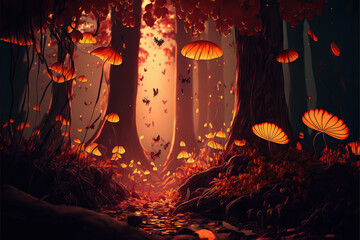 Wall Mural - beautiful fairytale and orange autumn enchanted forest with giant trees, mushrooms, luminous insects