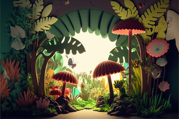 Wall Mural - Background with landscape of a beautiful fairy tale tropical forest all made of paper, cut out and colored cardboard