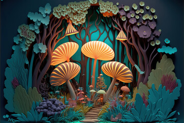 Wall Mural - Background with landscape of a beautiful fairy tale tropical forest all made of paper, cut out and colored cardboard