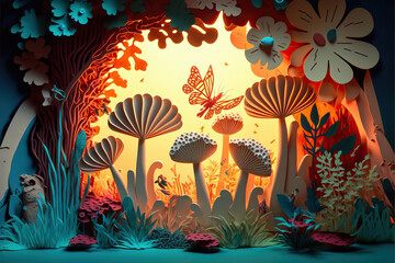 Wall Mural - Background with landscape of a beautiful fairy tale tropical forest all made of paper, cut out and colored cardboard