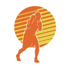 Wall Mural - Isolated silhouette of orange male boxer. illustration of boxing athlete on orange line background.