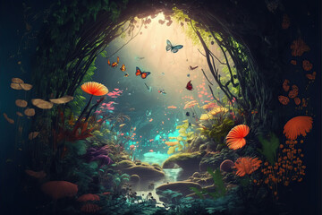 Wall Mural - a beautiful fairy tale enchanted forest with big trees, tropical vegetation and many colorful insect