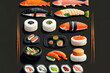 Big set of mixed nigiri and maki sushi on a slate. a range of Japanese dishes include rolls, tuna, crab, salmon, and eel. Use chopsticks to eat sushi. Generative AI