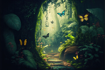 Wall Mural - a beautiful fairy tale enchanted forest with big trees, tropical vegetation and many colorful insect