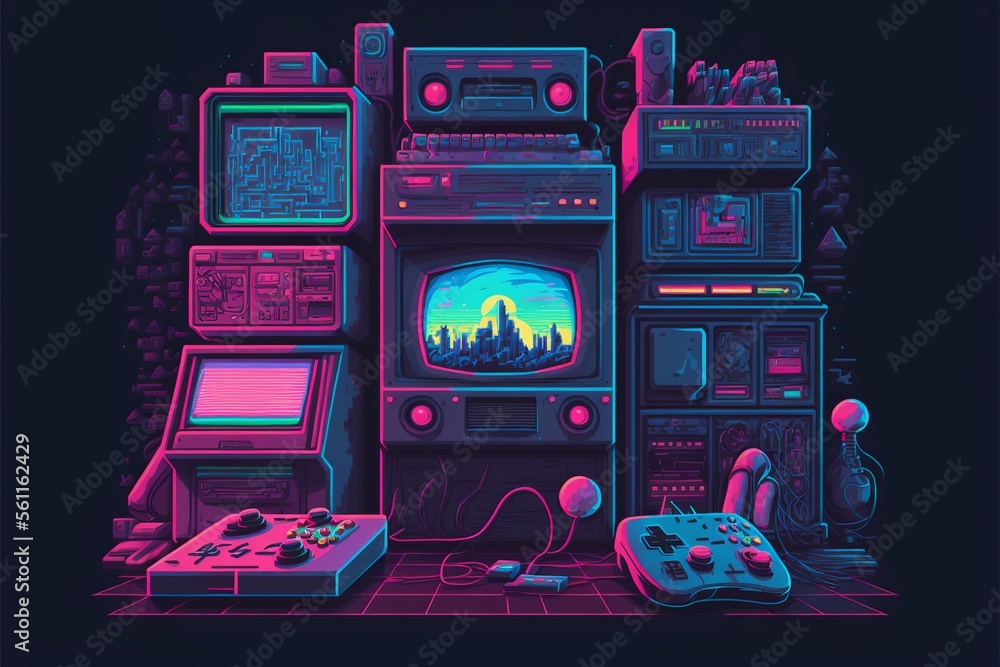 Old video game console with landscape in the background, 16 bit pixel art. Digital illustration. AI