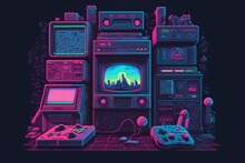 Old Video Game Console With Landscape In The Background, 16 Bit Pixel Art. Digital Illustration. AI