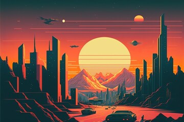 Wall Mural - City landscape in the middle of the desert with sunset in the background. Digital illustration. AI