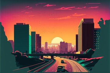 Wall Mural - City landscape in the middle of the desert with sunset in the background. Digital illustration. AI